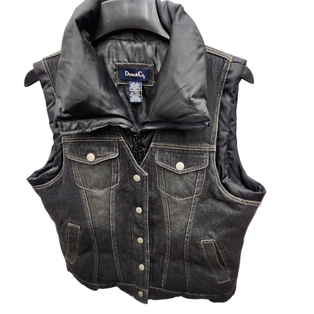 Denim and Co Black Denim Puffer Vest Womens Large Down Feather Fill Snap Zipper - Picture 4 of 12